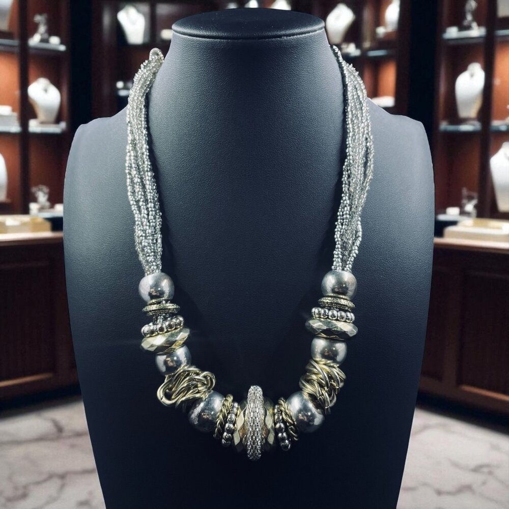 Chunky Beaded Statement Necklace Silver Gold Mixed Metal Boho Bold Jewelry Trend